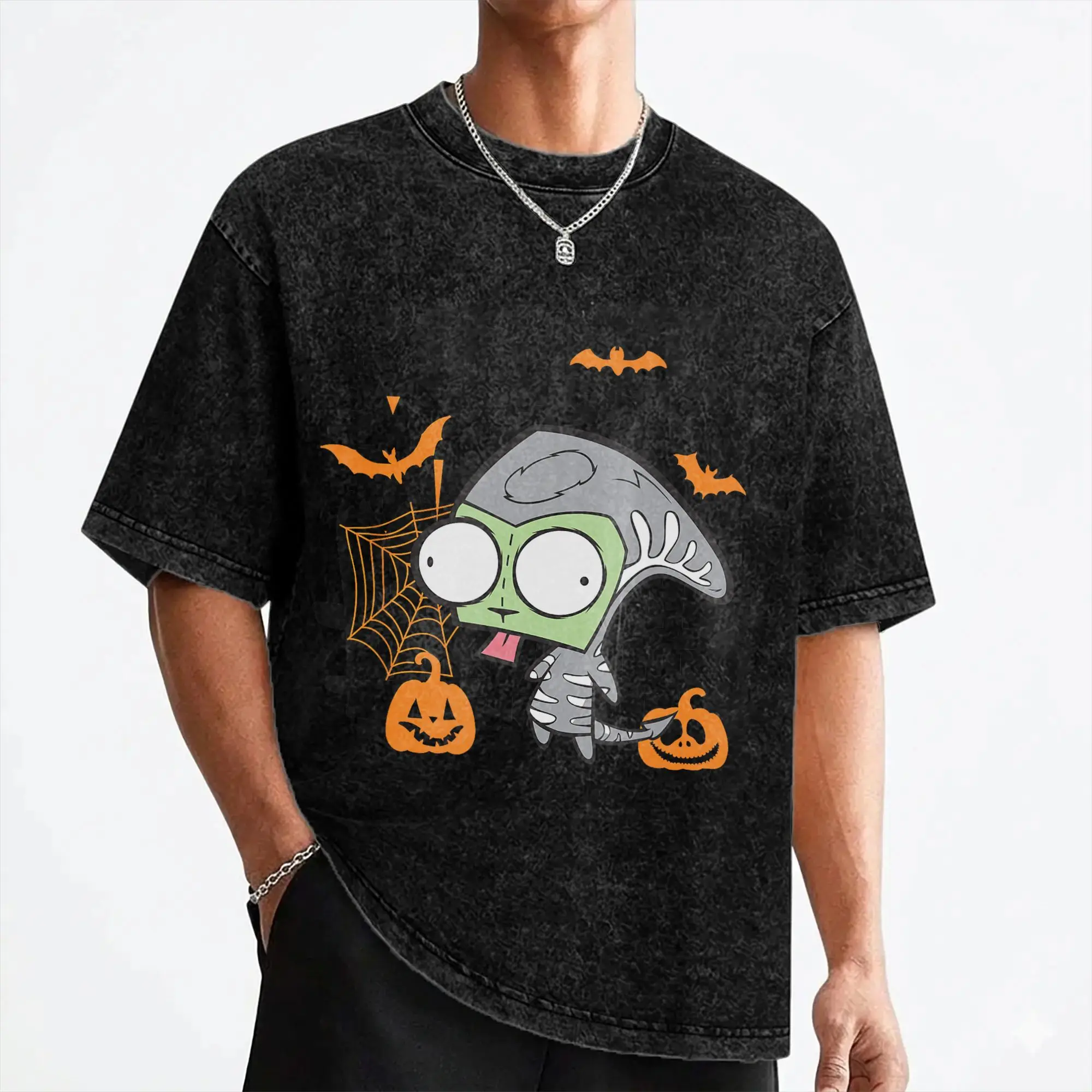 Invaders Zim Gir Skeleton Halloween Pumpkin Washed T Shirts Streetwear T-Shirt  Tee Shirt for Men Women 100% Cotton Printed