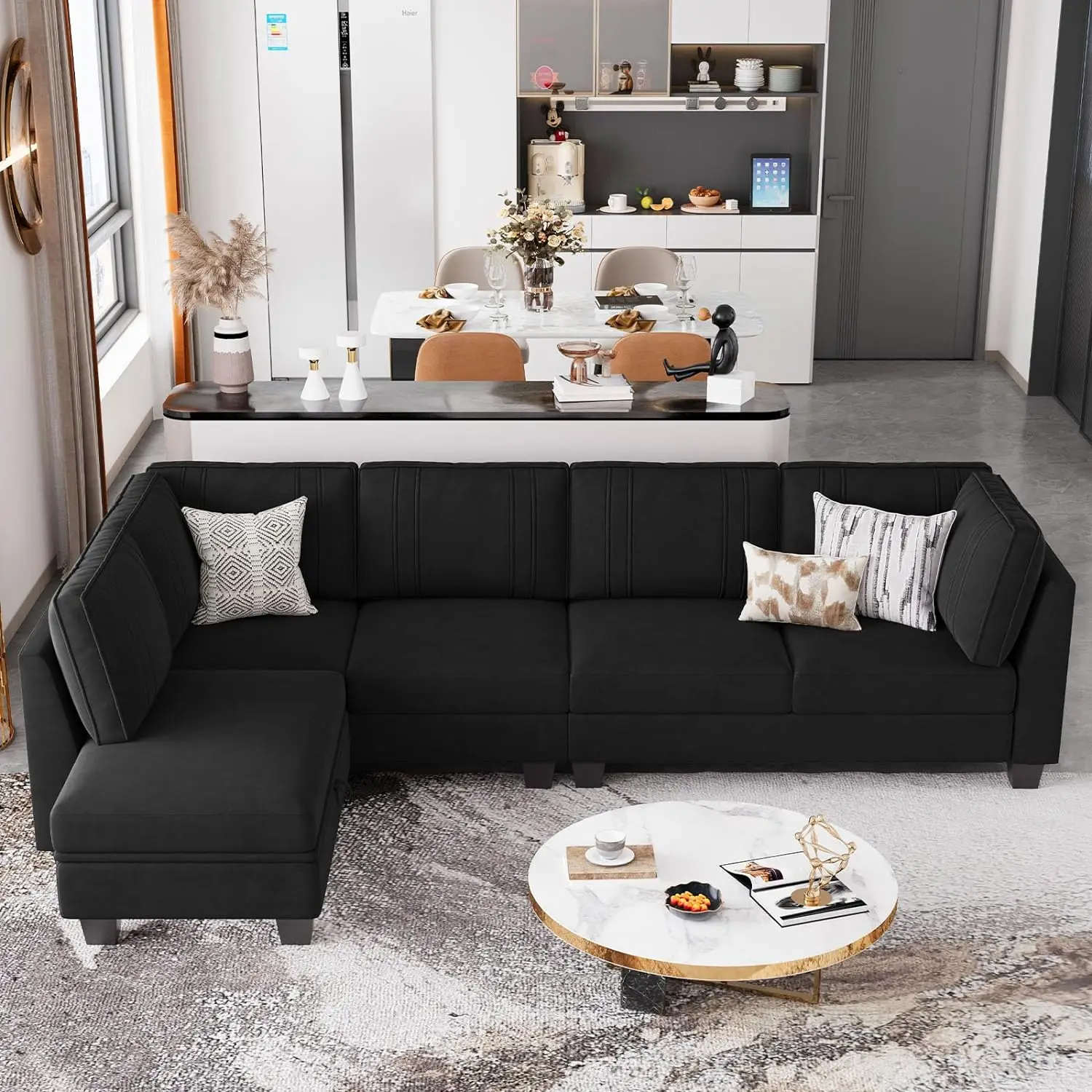 Canapé sectionnel en velours avec chaise réversible, canapé en forme de L, divan convertible, rangement, noir, 4 places