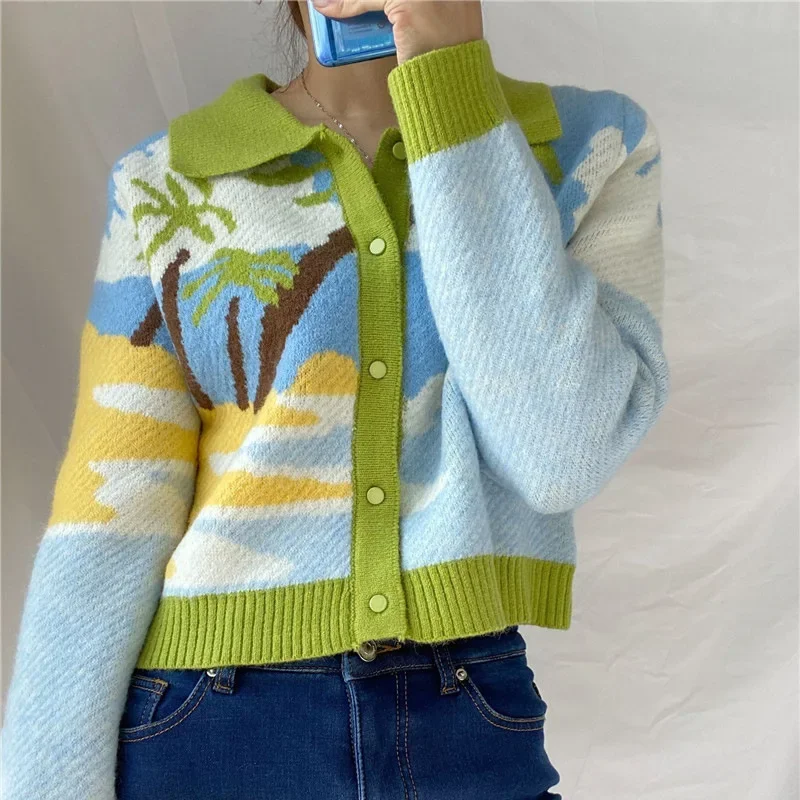 

Cute Landscape Painting Knitted Sweaters Women Lapel Single Breasted Knitted Cardigans Spring Autumn Warm Short Long Sleeve Tops