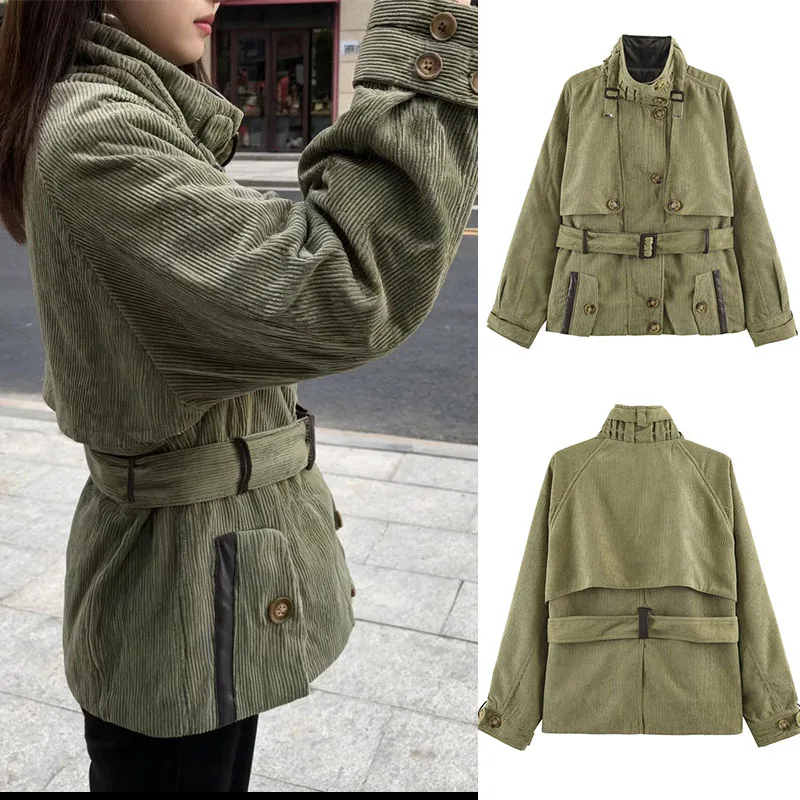 Women's Vintage Corduroy Multi-Functional Jacket, Stand Collar, Belt Design, Color-Blocked Pockets, Fall and Winter Outfit