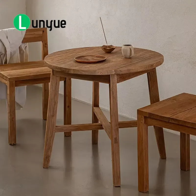 Vintage Elm Round Table Retro Imitation Old Veneer Dining Desk Log Coffee Stool with Mortise and Tenon Joint for Living Room