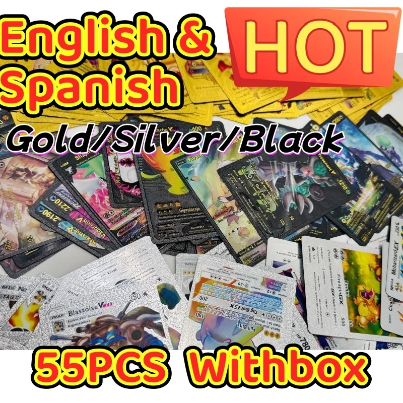 55 Tarjetas Doradas con Letras Doradas en Inglés y Español, Tarjetas Metálicas de Charizard Vmax Gx, Regalos de Cumpleaños