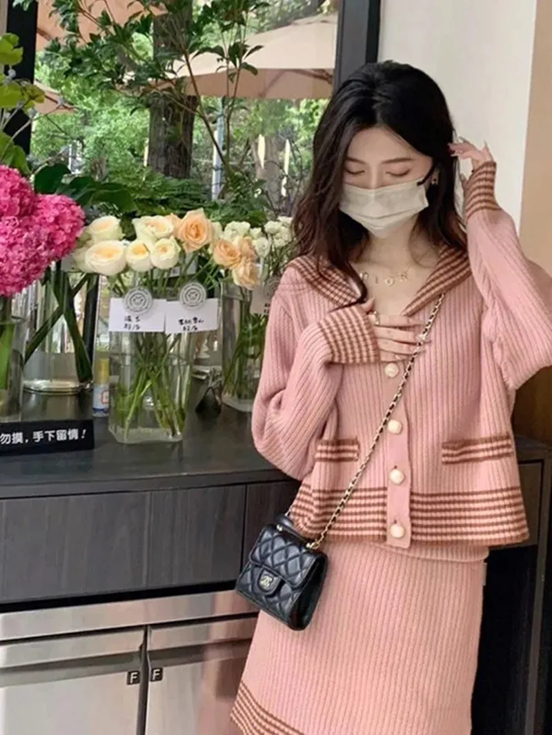 Knitted Cardigan for Women, Korean Fashion, Sweet Sweater, Kawaii Striped, Round Neck, Female French Set Skirt, 2 Pcs, 2024