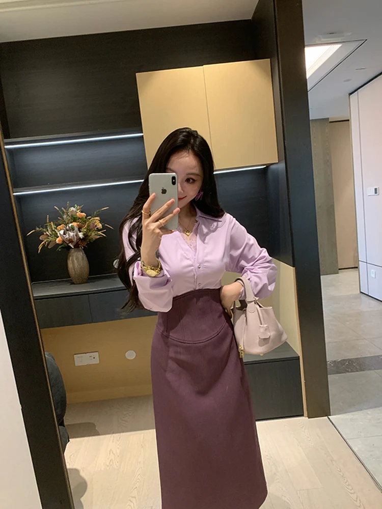 

Spring Purple Lace Splicing Shirt High Waist Skirt Slimming Set Women's Long Sleeve Fashion Ensemble XINYI【Purple Mist W...
