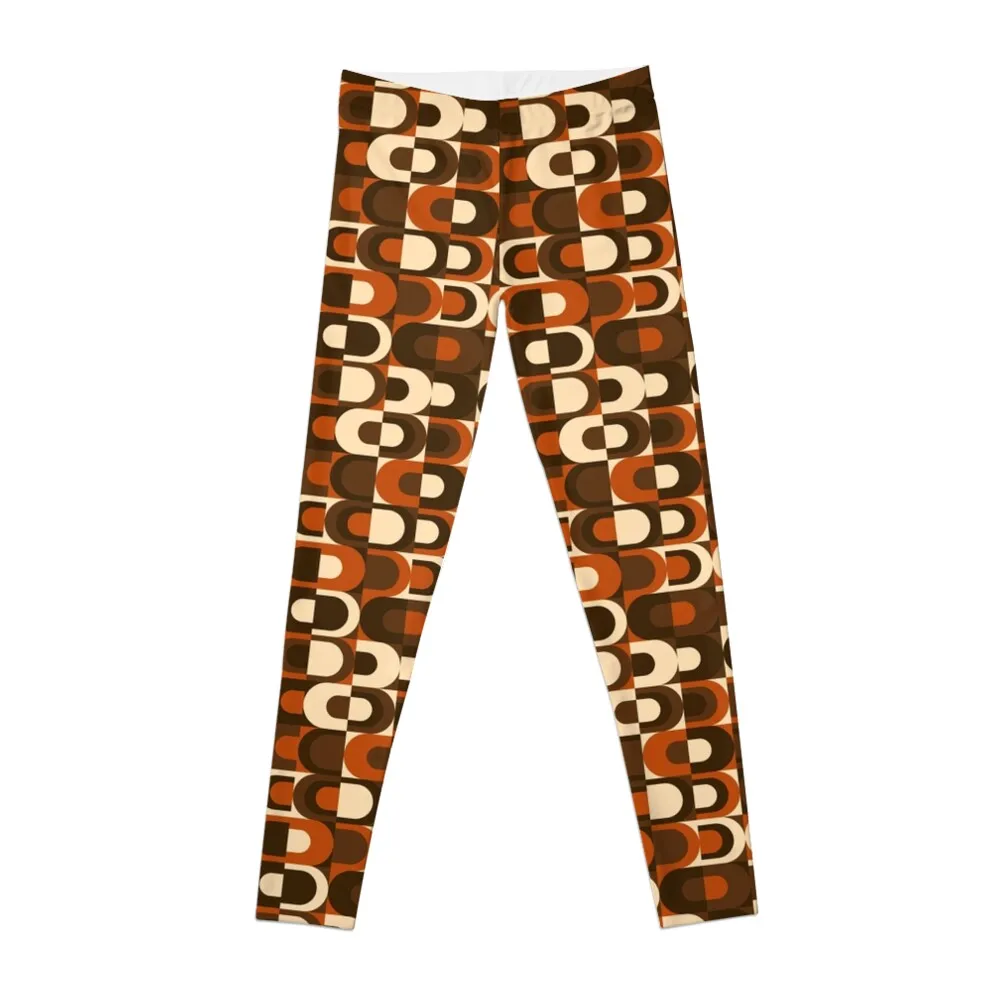 

70s Pattern Retro Inustrial in Orange and Dark Brown Leggings joggers for sporty woman gym Women's sportswear Womens Leggings