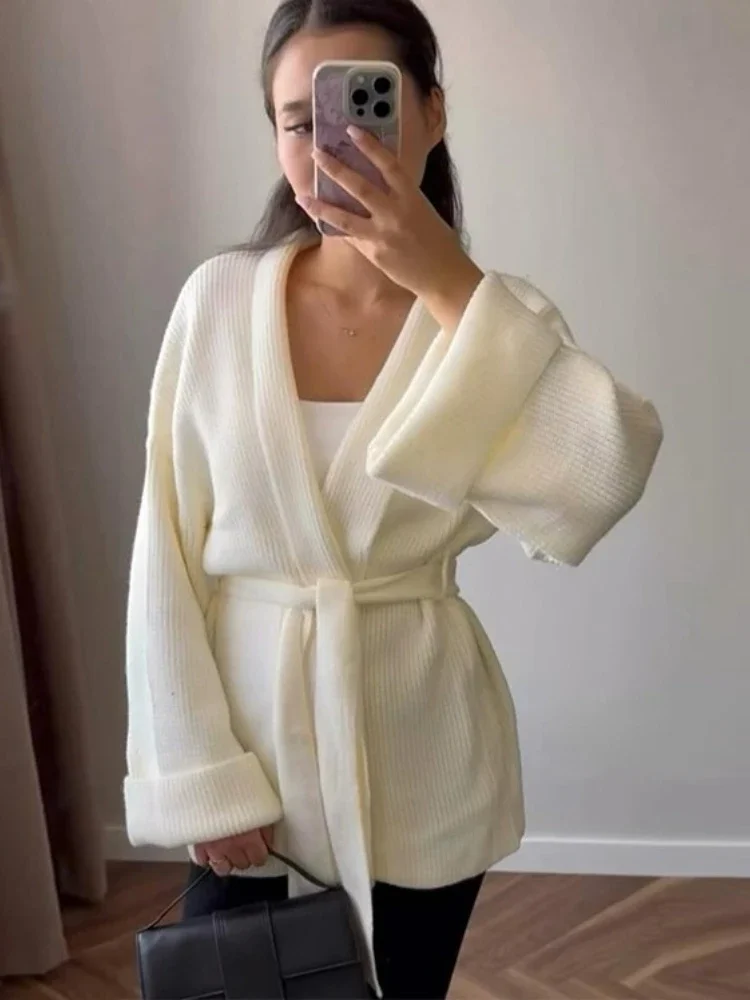 Casual V-neck Knitting Cardigan For Women Lacing Loose Solid Long Sleeve Coat Top Autumn 2025 New Female Knitwear Cardigan