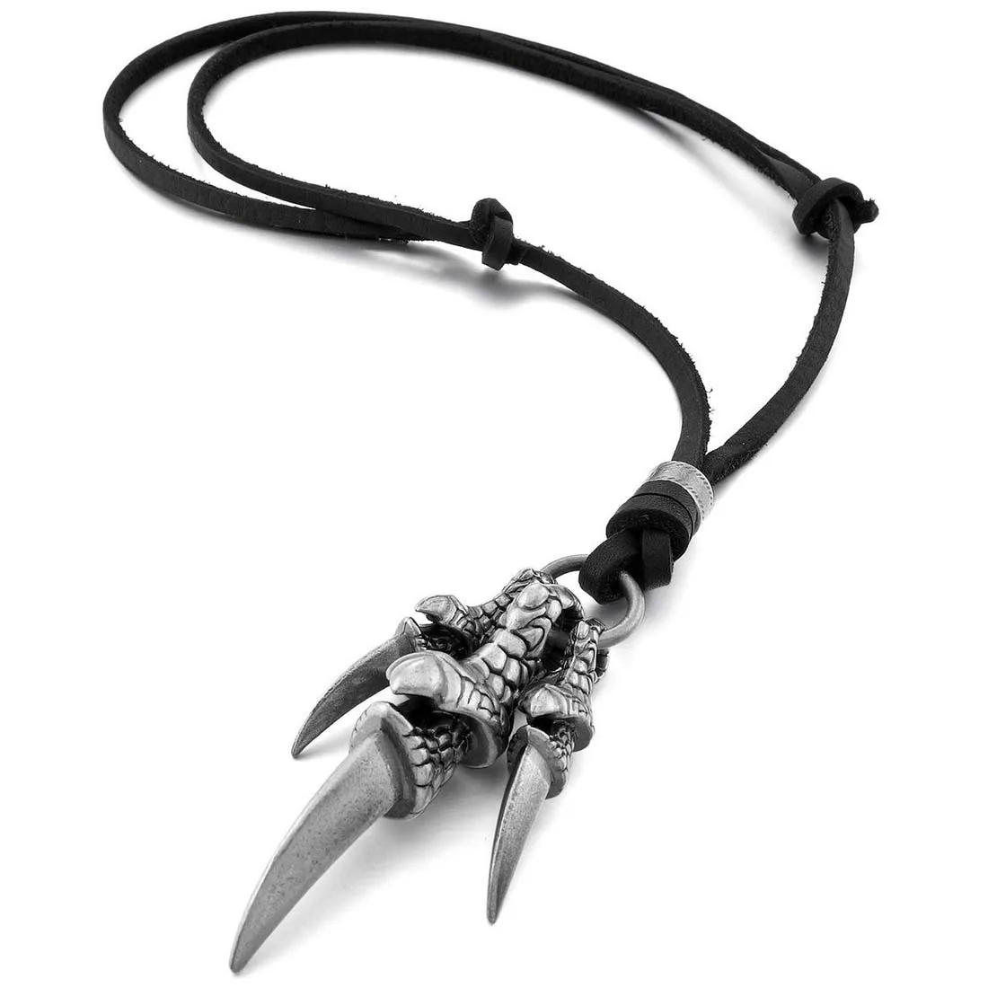 A59T Alloy Leather Pendant Necklace Dragon Claw Gothic Adjustable 16 ~ 26 Inch Chain Man, Woman Silver Black