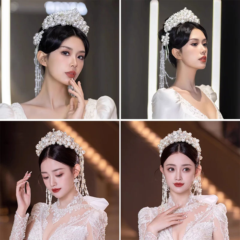 

Elegant Fashion Wedding Tiara Pearl Crown Earrings Set Luxury Bridal Rhinestone Diadem Headband Bride Hair Accessories Headdress