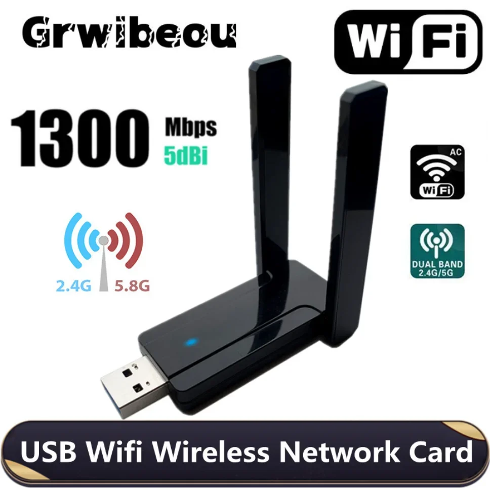 Grwibeou-adaptador WiFi USB inalámbrico de 1300Mbps, tarjeta de red Wifi de doble banda, 5G/2,4 GHz, adaptador AC USB inalámbrico para PC, escritorio y portátil