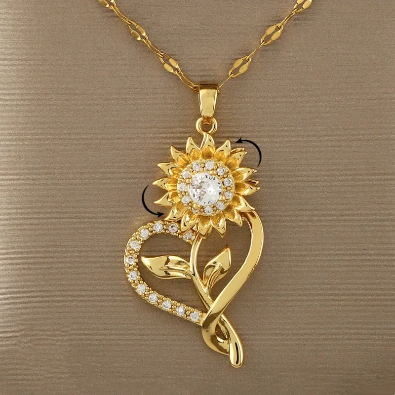 360° rotatable decompression love sunflower sunflower zircon pendant necklace for ladies birthday gift Christmas gift