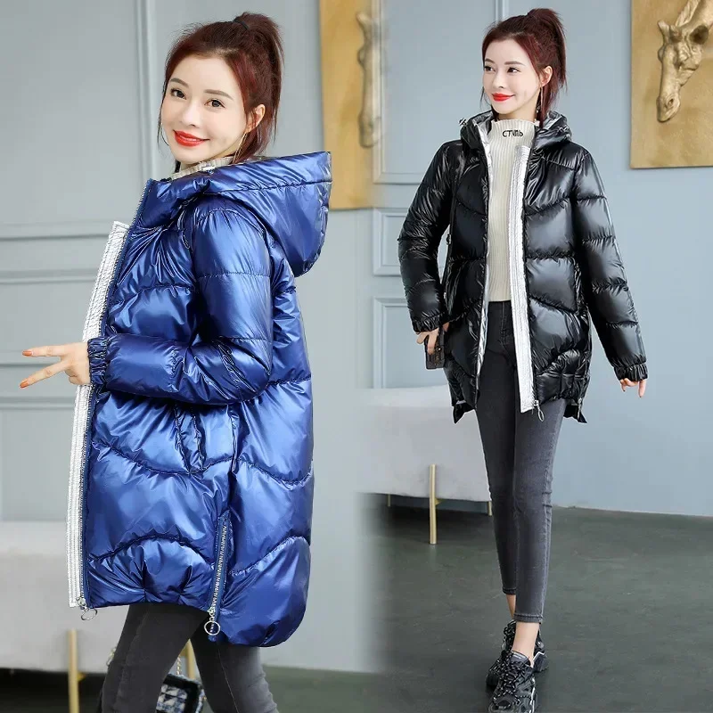 2024 New WinterJacket Women Parkas Glossy Down Cotton Jacket Hooded Coat Warm Female Padded Jackets Casual Outwear