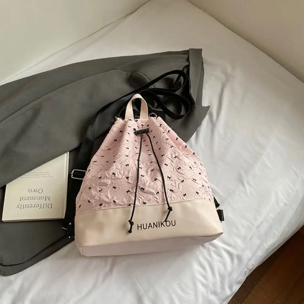 Large Capacity Bow Pleated Backpack Lightweight Nylon Sweet Shoulder Bag Tote Bag Korean Style Drawstring Fitness Bag Travel