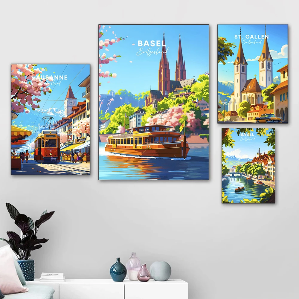 1PCS Frameless Switzerland Railway Travel Posters Lugano Swiss Train Modern Prints Canvas Painting Wall Art Pictures Home Living