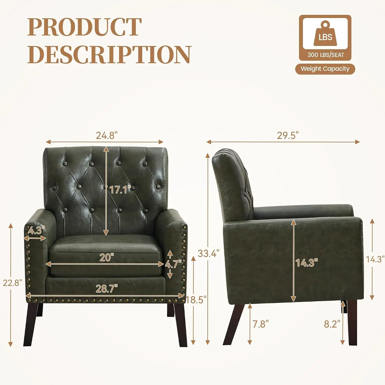 Upholstered Armchair Set of 2, Button Tufted Mid Century Club Chair with Wood Legs for Living Room & Bedroom, Customized