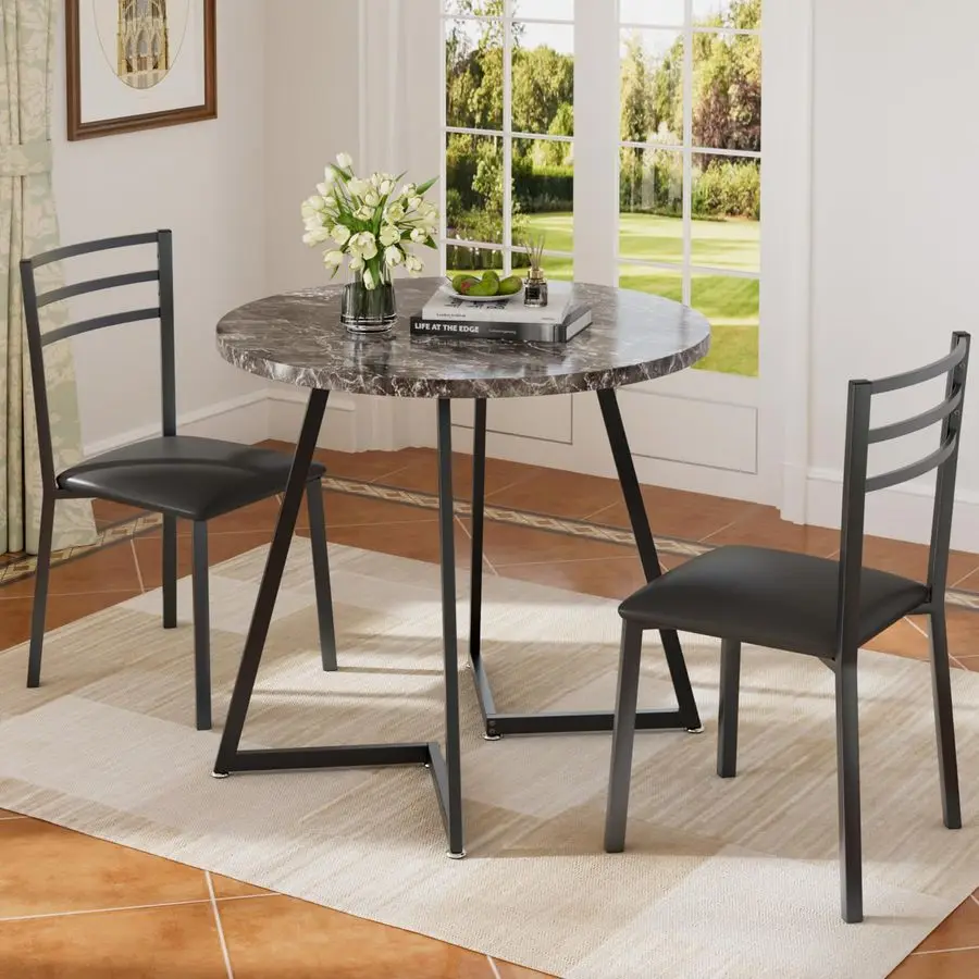 

Небольшой круглый обеденный стол на 2 персоны, деревянная столешница с прочной металлической рамой, современный обеденный гарнитур со стульями для кухни, для завтраков.