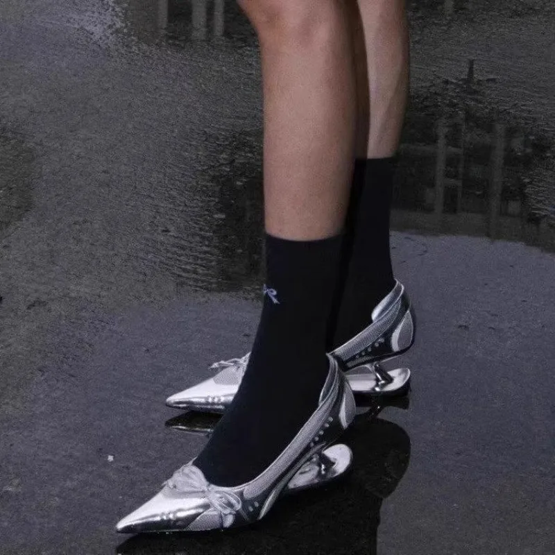 Escarpins argentés à bout pointu pour femmes, chaussures à talons hauts, élégantes, avec nœud, bouche peu profonde, robe flottante, chaussures simples, printemps automne