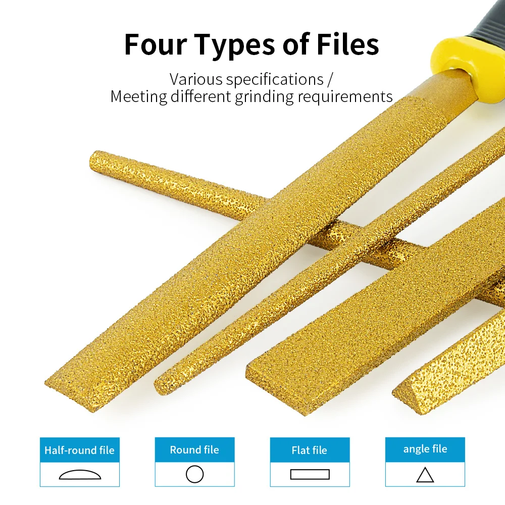 LOZLIN 4Pcs Brazed Diamond File Set 6/8/10/12 Inch Flat Files for Metal Wood Stone Grinding Shaping Rust Removal Gold Colored