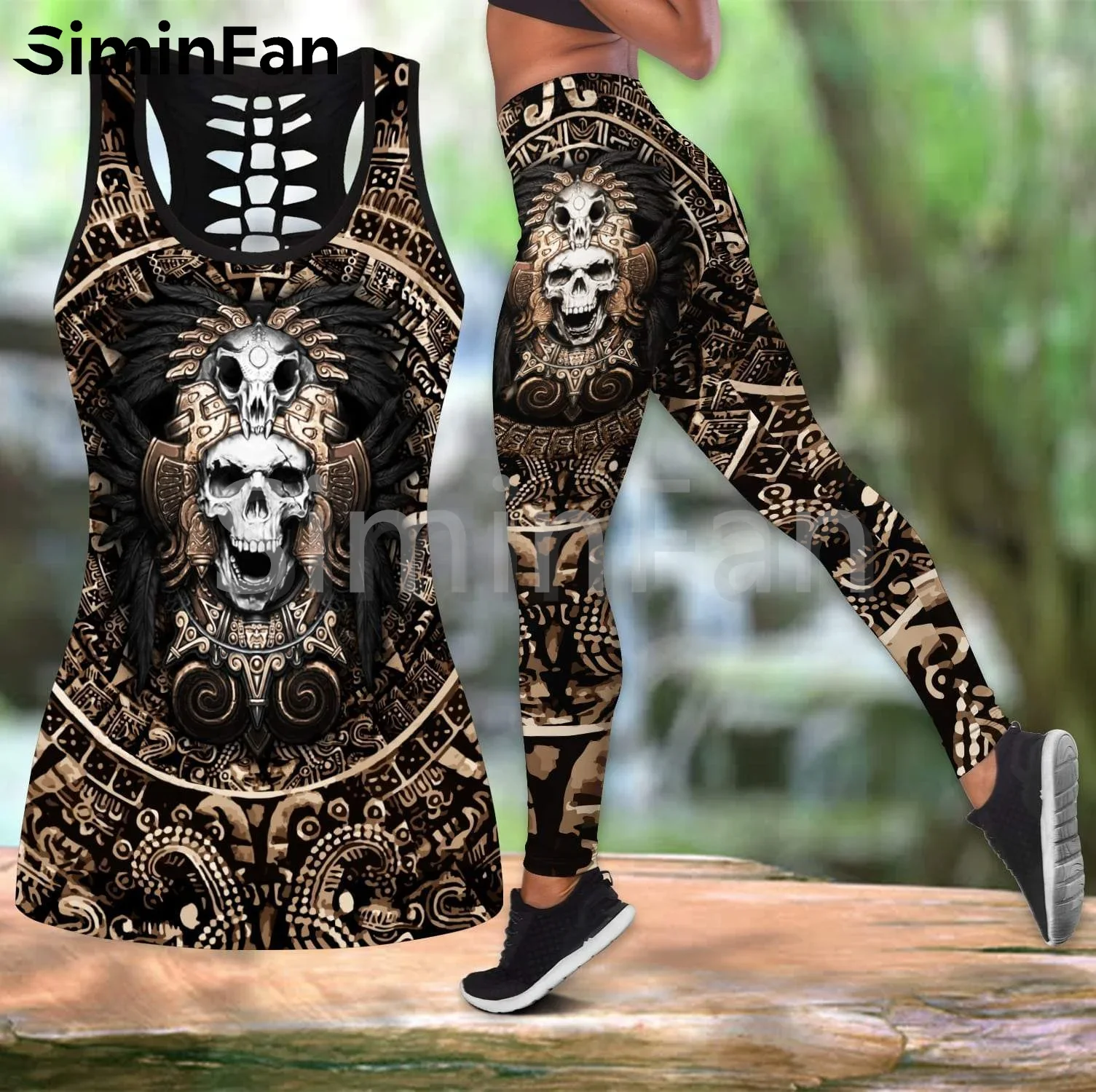 Mexico Skull Flag Combo Outfit Two Piece Yoga Sets Women 3D Printing Hollow Out Tank Top Legging Summer Vest Casual Pant Suits 3