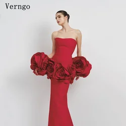 Verngo Red Satin Evening Dress Sweetheart Mermaid 3D Flower Elegant Prom Gown Side Slit Formal Occasion Dresses Customized