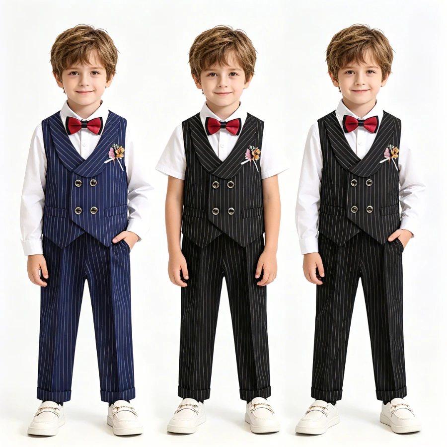 

Официальные Детские смокинги, Стильные двубортные полосатые дизайнерские костюмы для выступлений пианино, костюмы для выступлений от 2 до 12 лет, Свадебный костюм для мальчиков