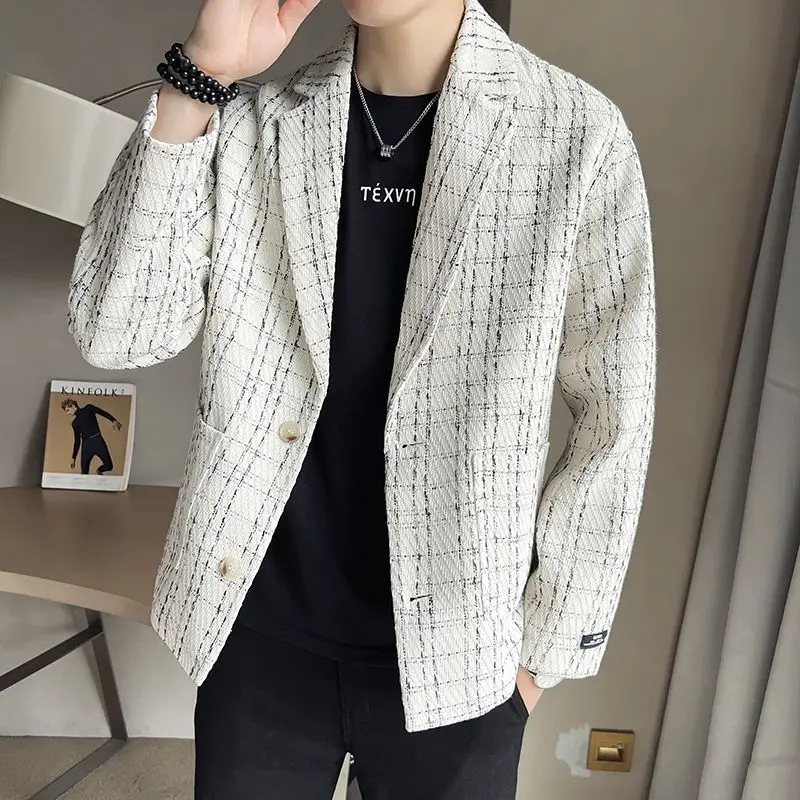 Xiaoxiangfeng Suit Men's Jacket Rugged and Handsome Korean Version Slim Fit and Handsome Woven Fabric Plaid Suit Top