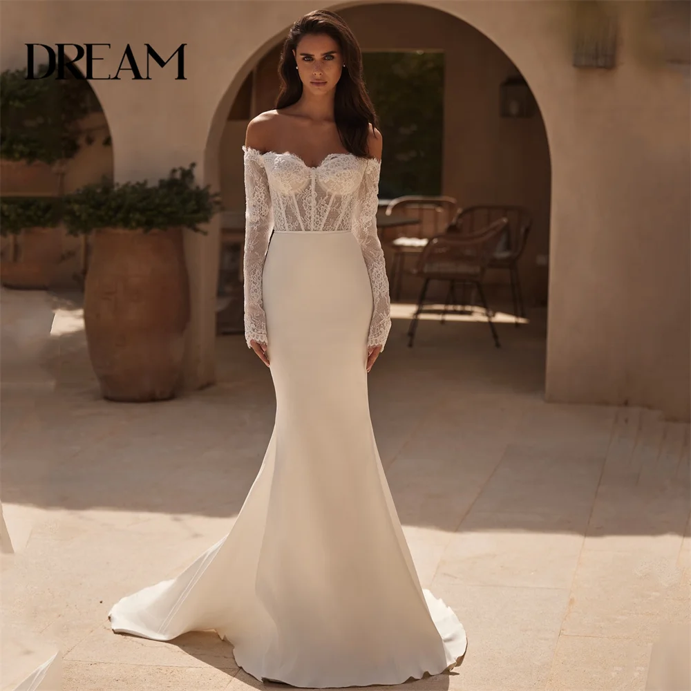 

DREAM Long Sleeves Lace Mermaid Wedding Dress Sweetheart Off The Shoulder Open Back Bridal Gown Vestidos De Novia Customized