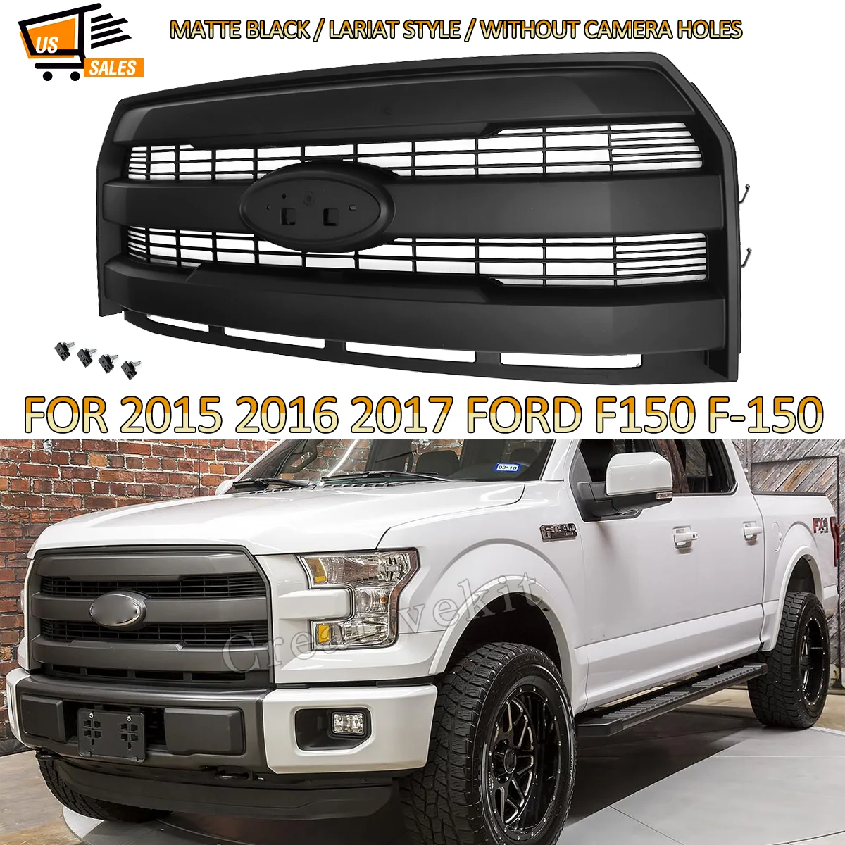 Front Grille Assembly Replace For 2015 2016 2017 Ford F150 F-150 Front Bumper Upper Grille W/O Camera Hole Matte Black Magickit