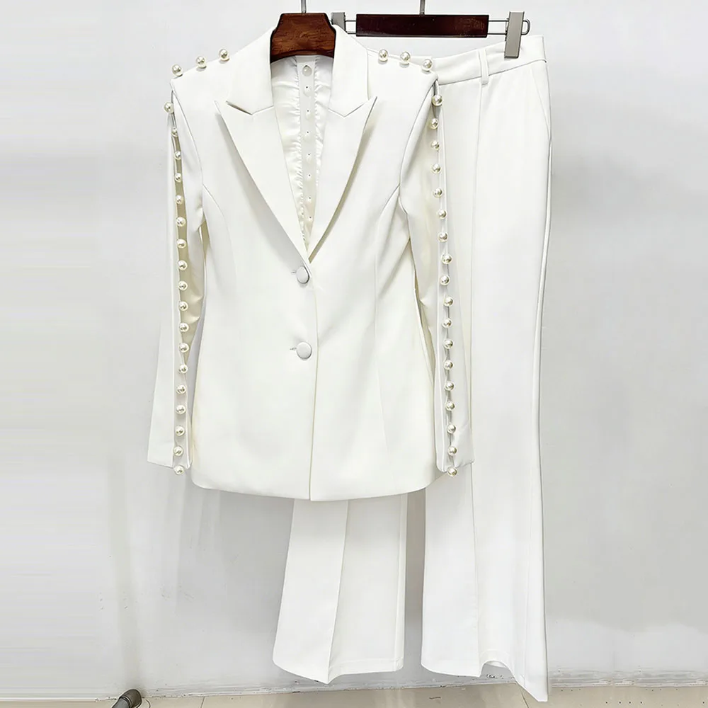 Modphy Elegant White Evening Women'S Suits 2 Piece Set Pearl Mesh Design Blazer Pants Sets High Quality Slim Fit Clothing