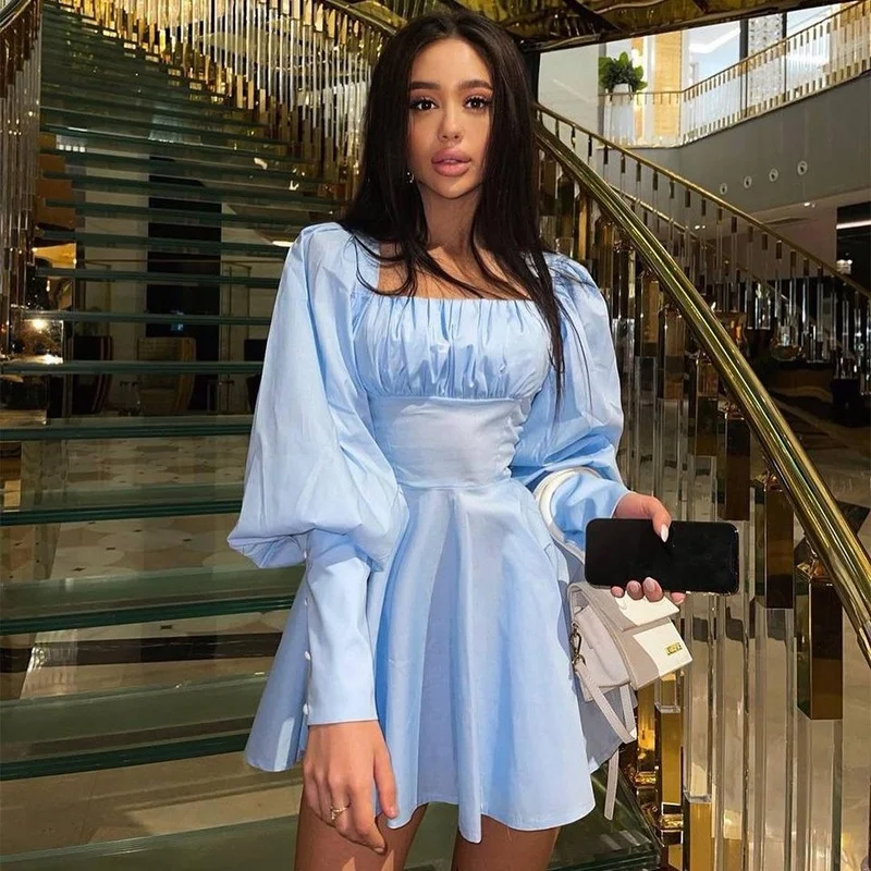 2023 Autumn New Square Collar Gothic Bandage Collar Stretchy High Waist Women White Black Mini Dress Puff Sleeve Korean Vestidos