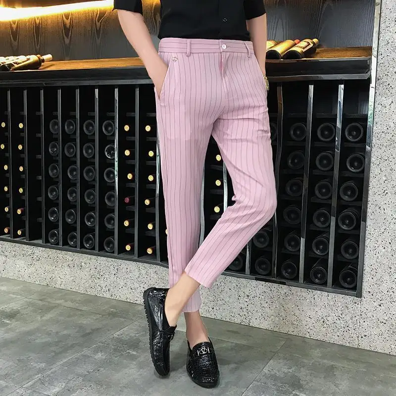 Men's Pink Slim Fit Cropped Trousers Korean Style Striped Skinny Pants Streetwear Casual Party Clubwear New Arrival
