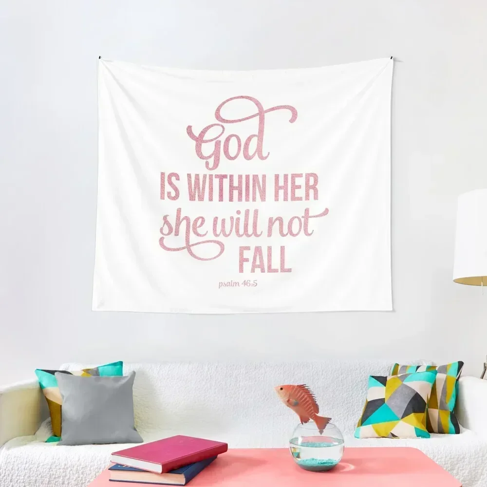 

Christian Quote Watercolor - God is within her Tapestry Bathroom Decor Custom Aesthetic Room Decor Korean Tapestry