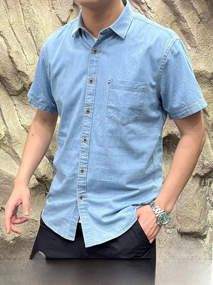 

Line! Retro Summer Men's Fashion Casual Pure Cotton Short Sleeve Denim Shirt Half Sleeve Shirt Trendy Standard Fit B...