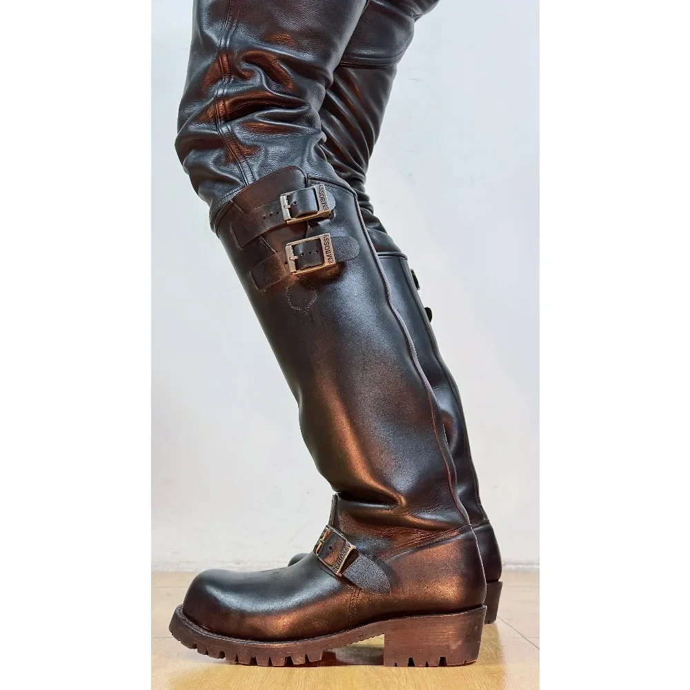 Fashion Men's Genuine Leather British Long Chelsae Boots Knee High Winter Riding Knight Boots Engineer Boots Buckle Strap - view 6
