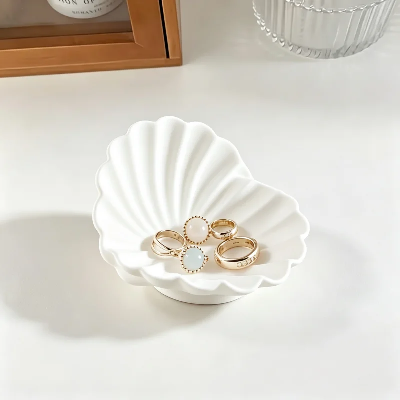 Matte Shell Shape Jewelry Trinket Dish, Ceramic Seashell Ring Earring Storage Tray For Vanity Dresser Bathroom Cute  Decor Gift