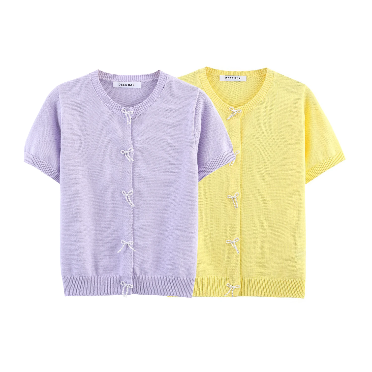 

Summer new sweet and fashionable simple artificial pearl bow short sleeved knitted cardigan for women