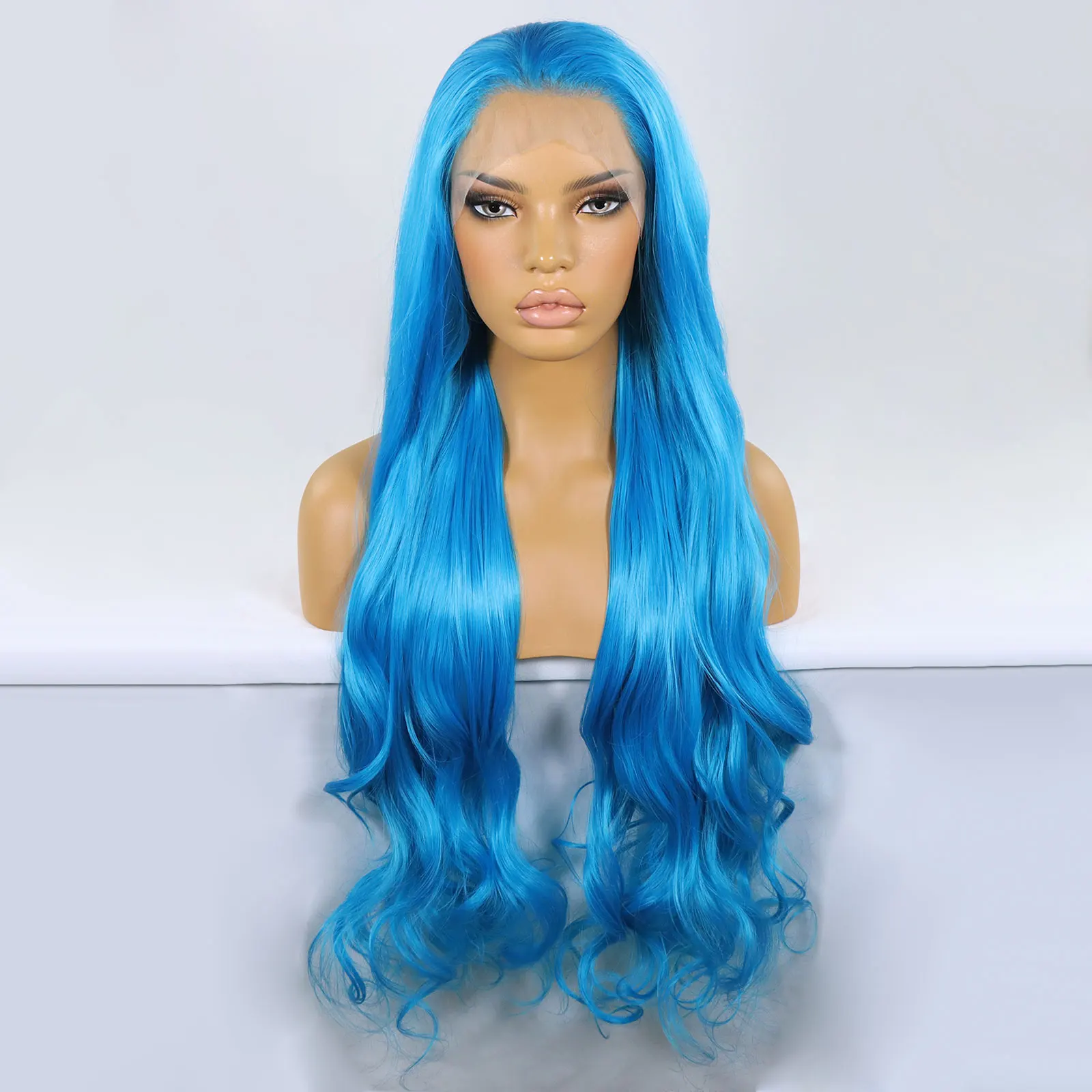 Blue Colored Curly Synthetic Lace Front Wigs For Women Cosplay Long Natural Wavy Heat Resistant Hair Glueless Lace Frontal Wigs