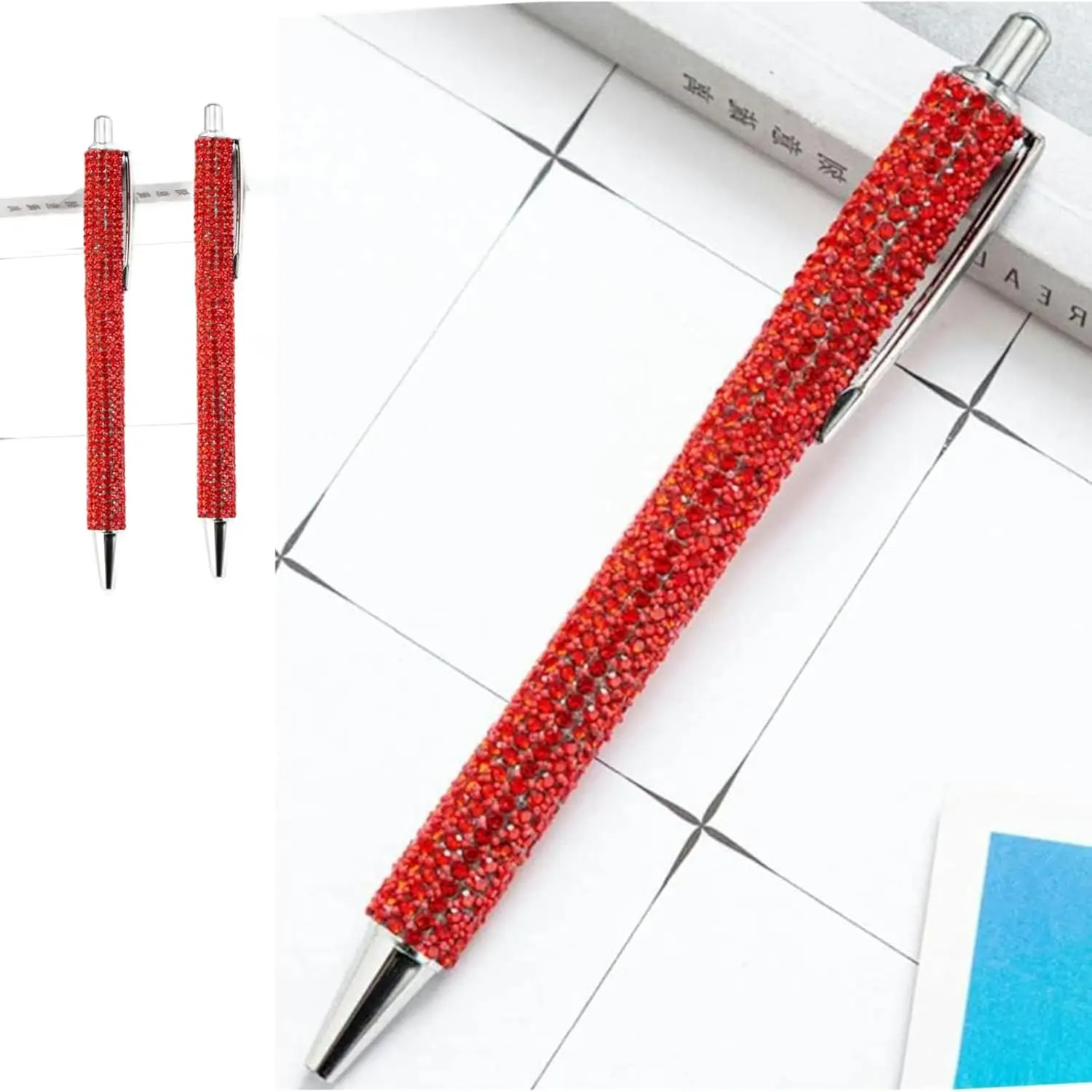 2Pcs Red Rhinestone Bling Metal Ballpoint Pens Stationery Press Pen Black Ink Gift Pens for Women Girls Coworkers Novelty Cool