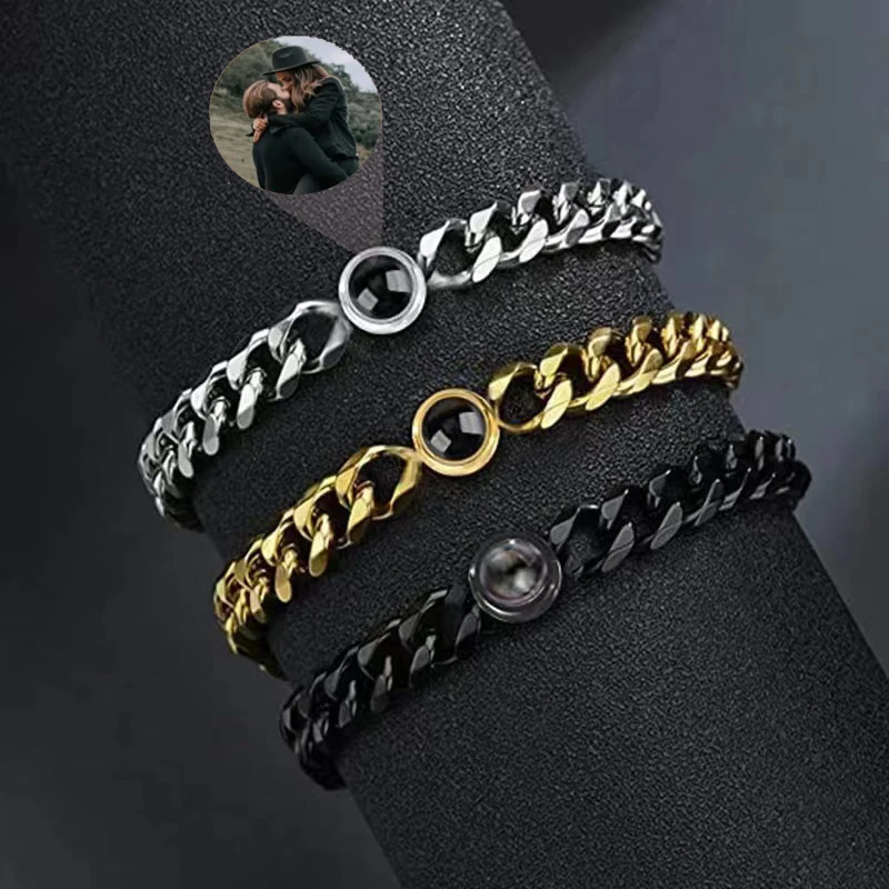 

Custom Projection Photo Bracelet For Men Personalized Thick Cuban Chain Bracelet With Picture Inside Anniversary Gift Jewelry