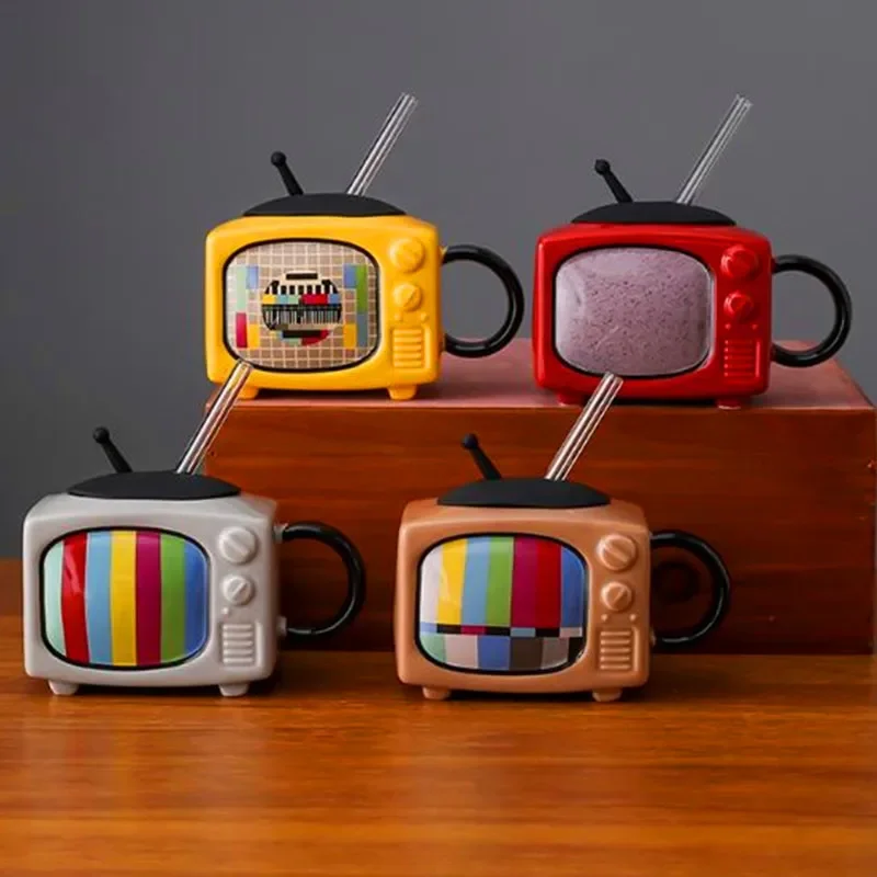 3D Television TV Shape Milk Beer Mugs with Cover Household Cup Exquisite Drinking Drinkware Ceramic Coffee Mugs Retro