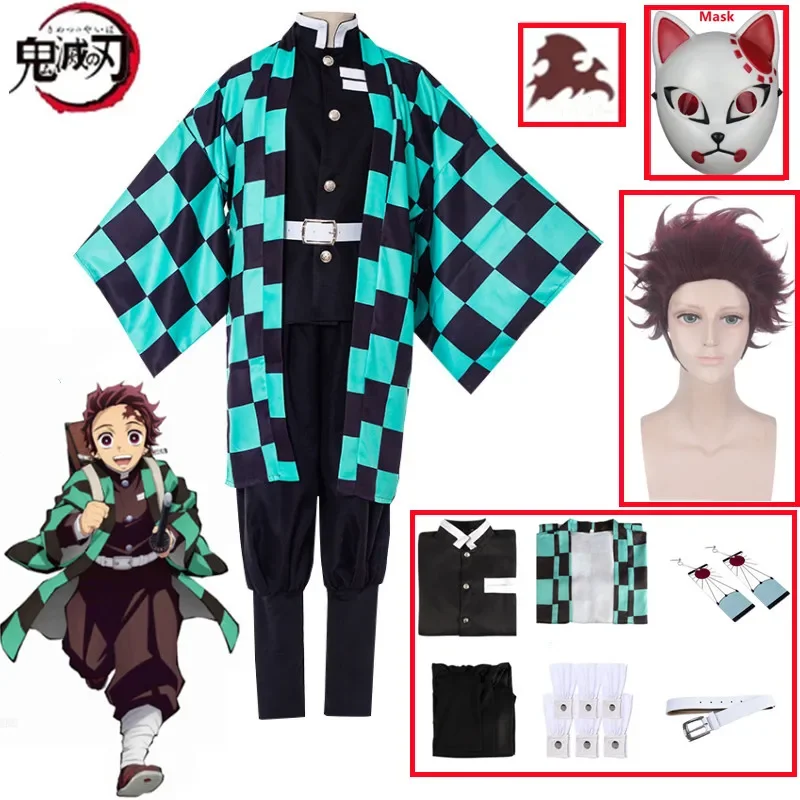 Anime Tanjirou Kamado Cosplay Demon Slachters Kimetsu No Yaiba Cosplay Kostuum Pruik Masker Kimono Mantel Halloween Uniform Volwassen Kinderen