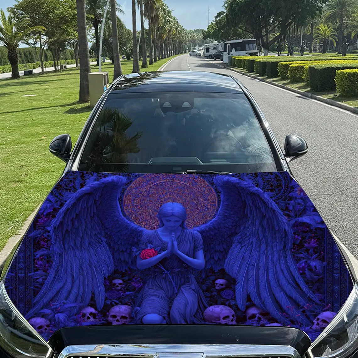 

Mysterious Blue Angel with Skulls and Rose Car Vinyl Wrap, PVC Material Waterproof Car Hood Sticker, Self-Adhesive Scratch-Resis