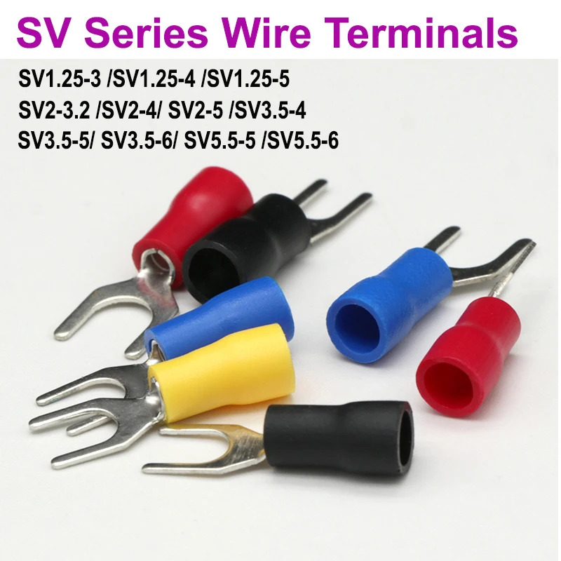 

100Pcs SV Series Wire Spring Terminal SV1.25 SV2 U Y Fork PVC Insulate Ferrules Block Spade Cold Press Cable End Crimp Connector