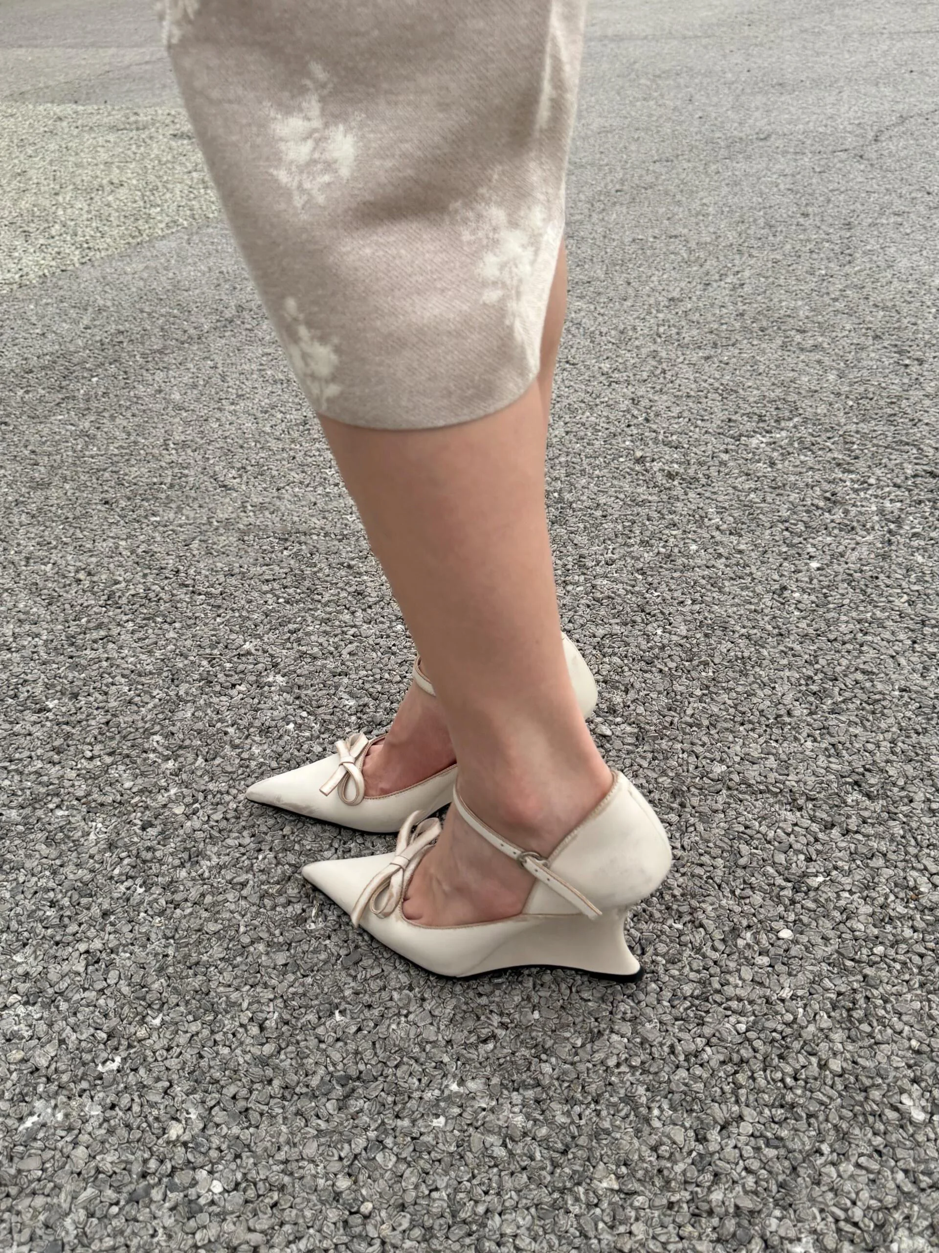 Women's Beige Satin Pointed Toe Wedge Heels Adjustable Ankle Strap Mary Jane Pumps with Bow Detail for Office Parties Elegant