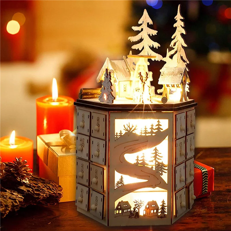 LED Revolving Music Box Advent Calendar Decorated with LED Lights Wooden Carved 24 Day Countdown to Christmas Calendar