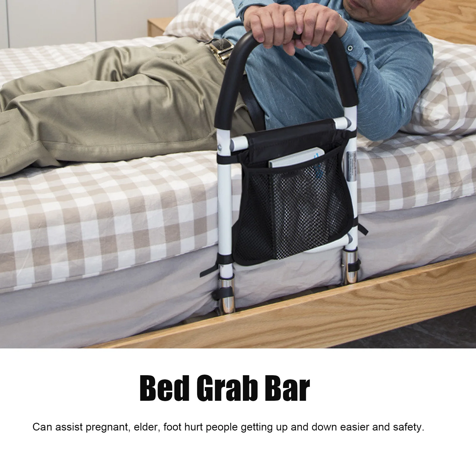 Bed Side Handrail Safety Bed Rails Hand Guard Grab Bar for Seniors with Storage Bag Household Use