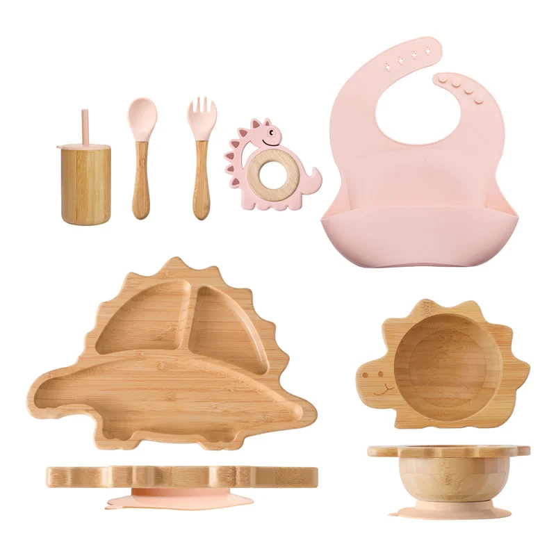 

7pcs Baby Bamboo Wooden Feeding Set Wooden Bowl Dinner Plate Cup BPA Free Silicone Spoon Forks Children's Tableware Birth Gift