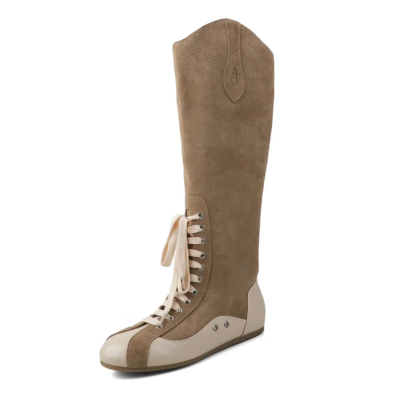 Woman Boots Cowgirls High Botas Side Zip Knee High Botas Cow Suede Shoes Round Toe Spring Autumn Woman Sports Casual Boots