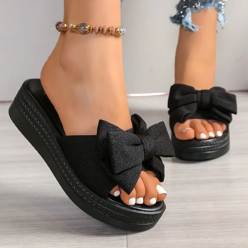 

2025 New Women Wedge Slippers New Summer Beach Shoes Platform Appliques Butterfly-Knot Female High Heel Sandals Outdoor