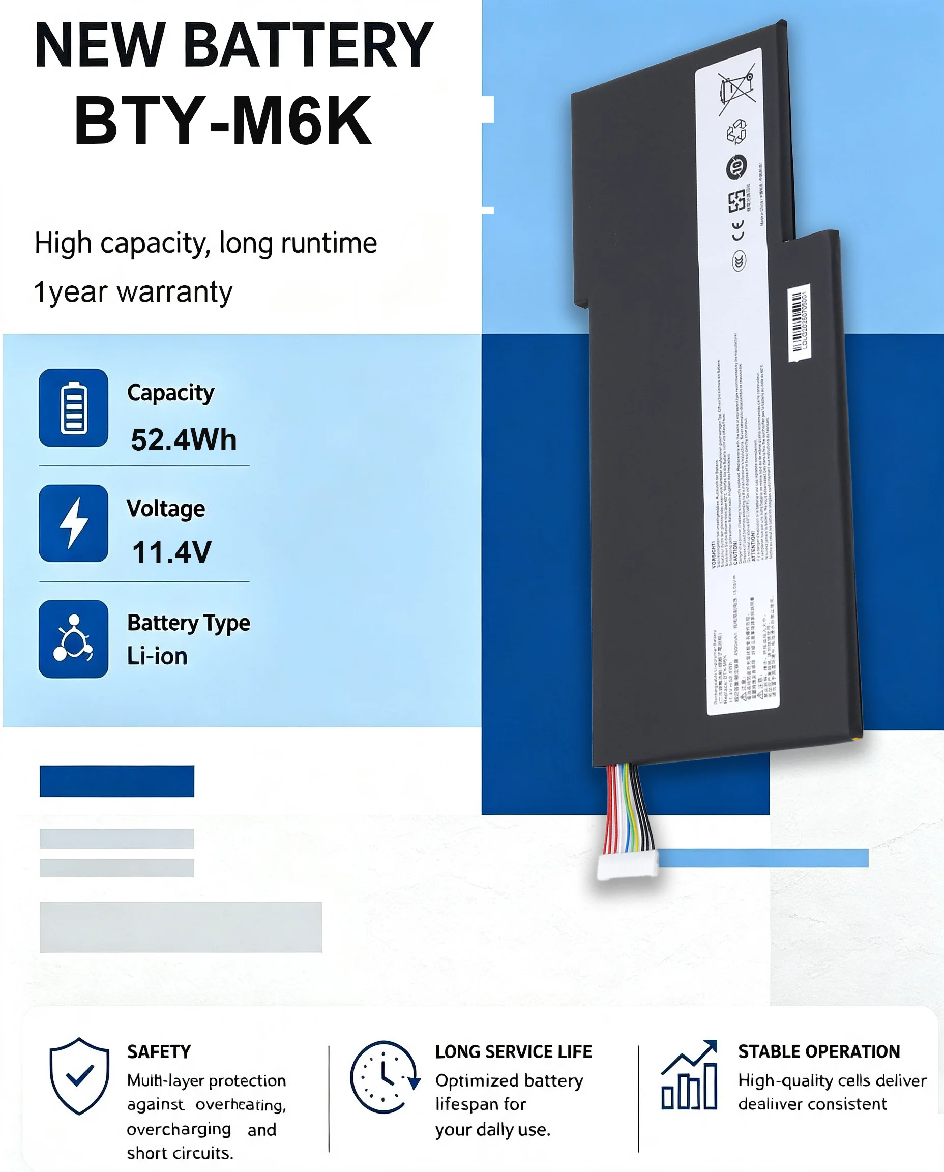 BTY-M6K Replacement Battery For MSI MS-17B4 MS-16K3 GF63 GF75 GF65 GS63VR Thin 8RD 8RC 9SC 10SDR