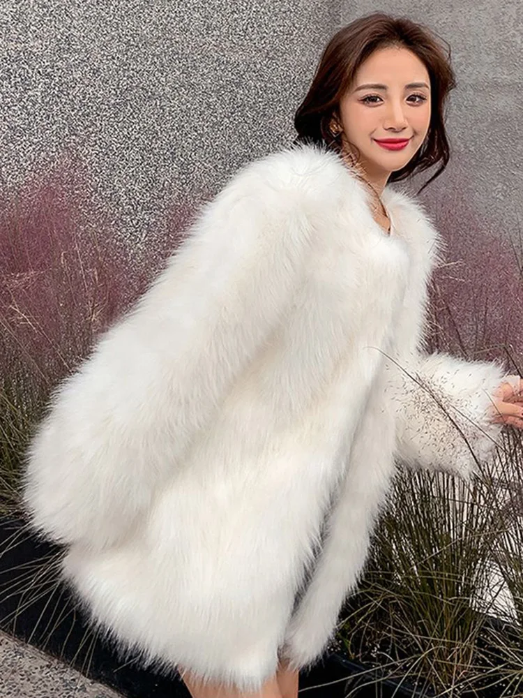 معطف فرو صناعي أسود للنساء سترة أنيقة شتوية دافئة ضيقة على الموضة الكورية بأكمام طويلة للسيدات برقبة دائرية قطع علوية صلبة من الثعلب الصناعي جديد #6